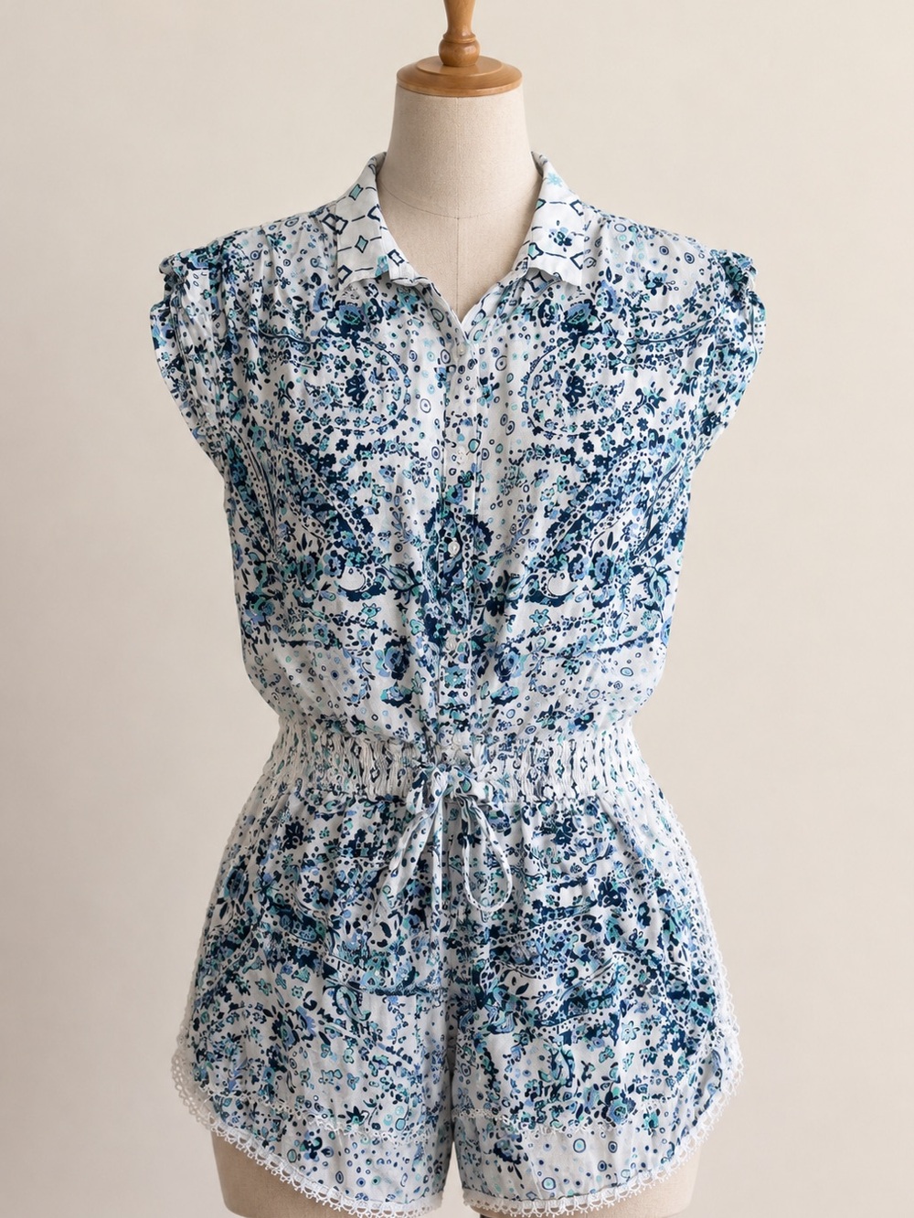 Poupette St. Barth White Romper with Blue and Teal Floral Print